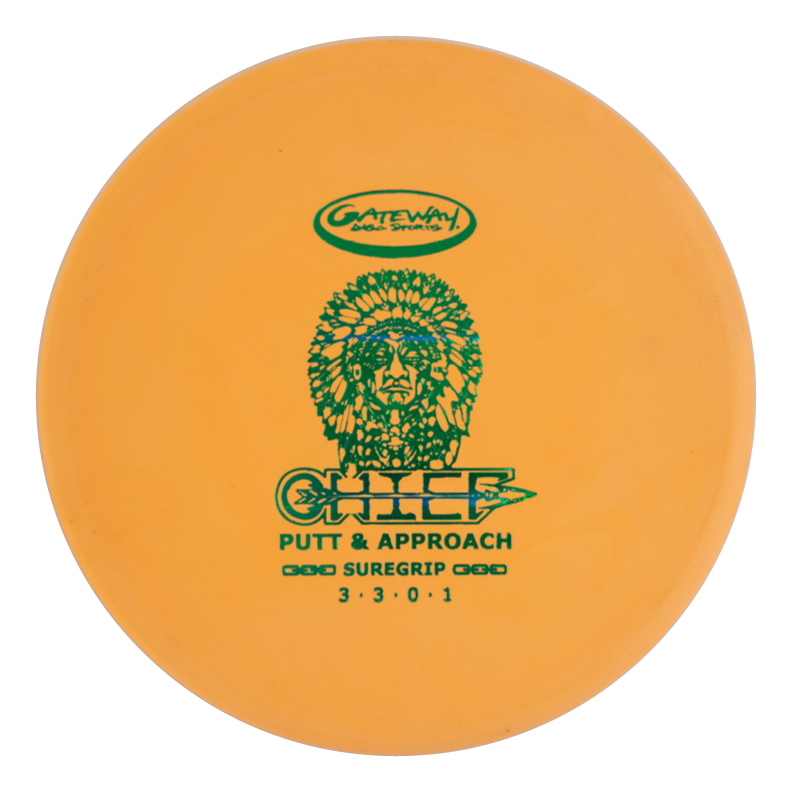 The Chief - SureGrip is an orange low-profile putter with a green "CHIEF PUTT & APPROACH" logo and a graphic of a person wearing a feathered headdress.