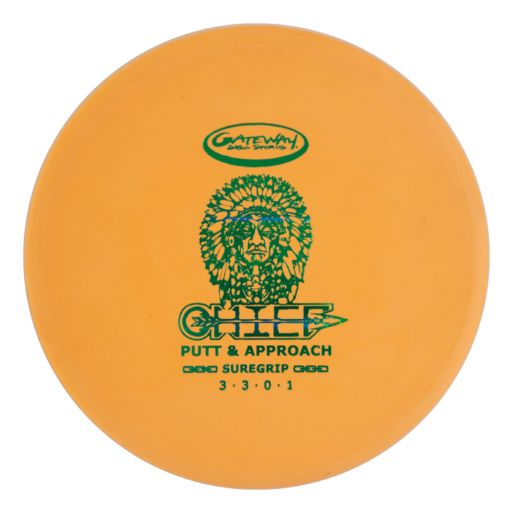 The Chief - SureGrip is an orange low-profile putter with a green "CHIEF PUTT & APPROACH" logo and a graphic of a person wearing a feathered headdress.