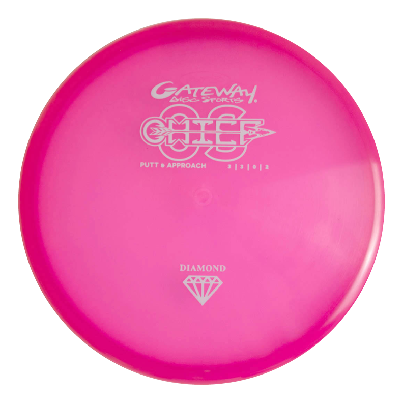 A pink Chief OS - Diamond putt and approach disc from Gateway Disc Sports, ideal for accurate hyzer lines, featuring "Chief OS" and "Diamond" printed on top.