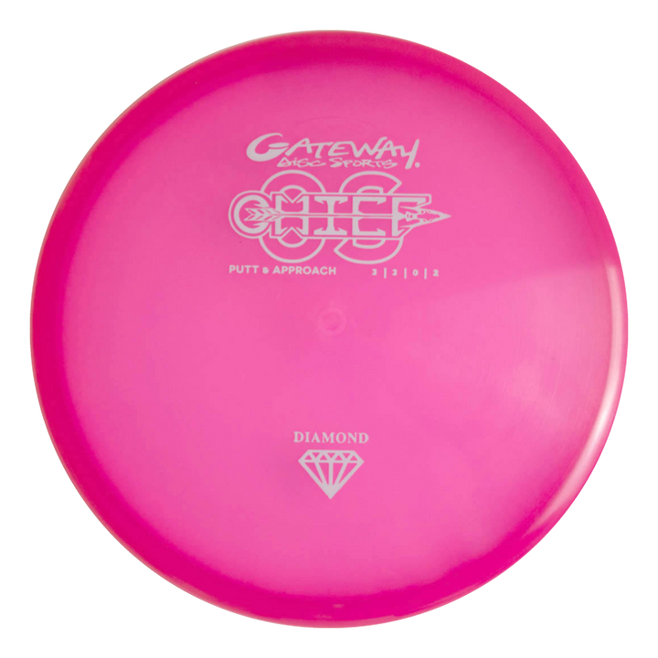 A pink Chief OS - Diamond putt and approach disc from Gateway Disc Sports, ideal for accurate hyzer lines, featuring "Chief OS" and "Diamond" printed on top.