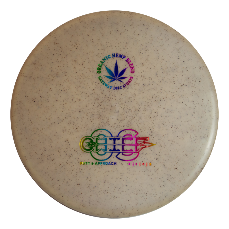 The Chief OS - Diamond Hemp is a beige disc golf disc with an "Organic Hemp Blend" label, hemp leaf graphic, colorful "Putt & Approach" text, and is ideal for smooth forehand drives.