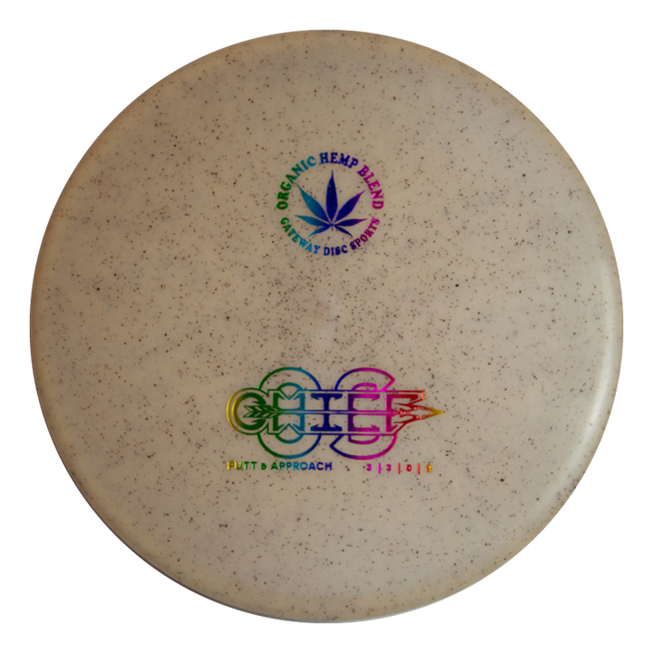 The Chief OS - Diamond Hemp is a beige disc golf disc with an "Organic Hemp Blend" label, hemp leaf graphic, colorful "Putt & Approach" text, and is ideal for smooth forehand drives.
