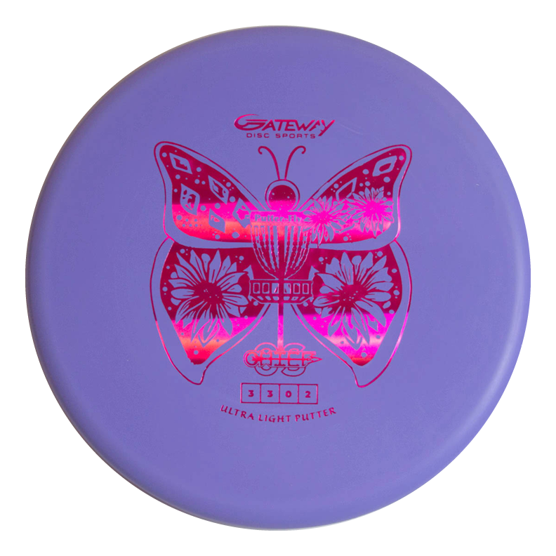 The Lizzy's Chief OS - Ultra Lightweight is a purple disc golf putter with a metallic pink butterfly design, perfect for hyzer line approaches. It features "Gateway Disc Sports" and "Ultra Light Putter" on the disc.