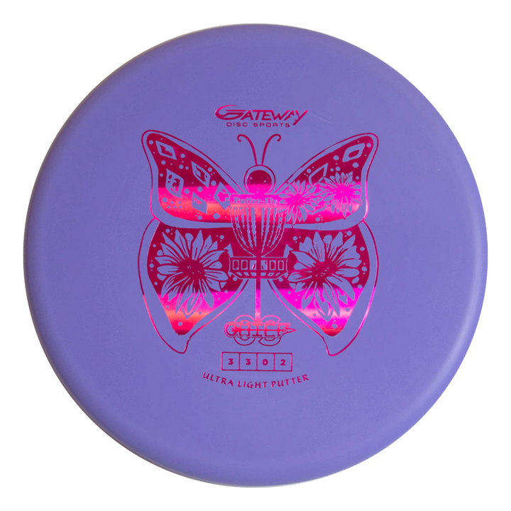 The Lizzy's Chief OS - Ultra Lightweight is a purple disc golf putter with a metallic pink butterfly design, perfect for hyzer line approaches. It features "Gateway Disc Sports" and "Ultra Light Putter" on the disc.