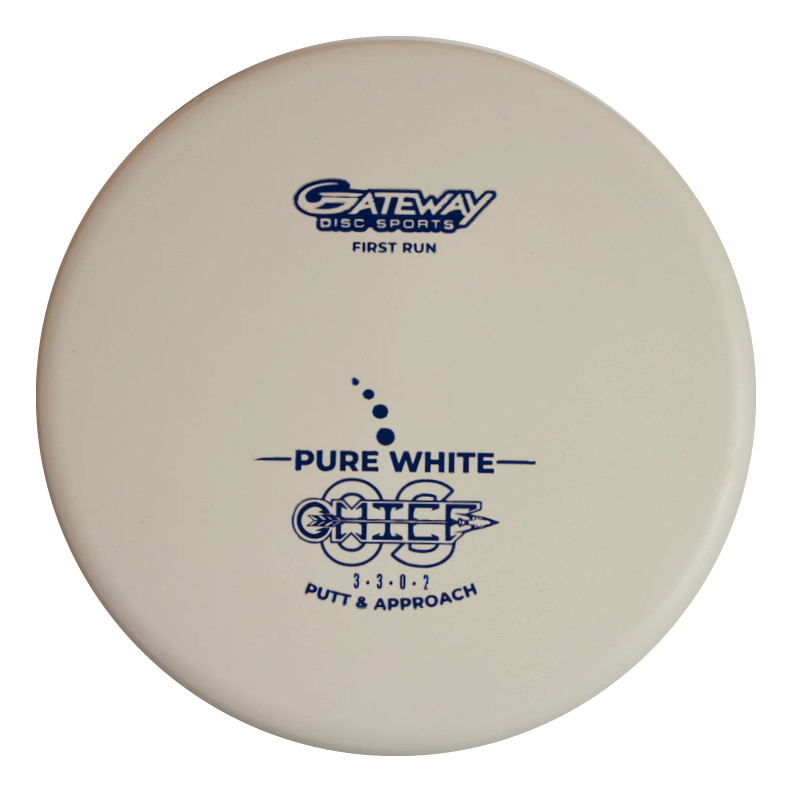 The Chief OS - Pure White is an overstable white disc golf putter in Premium Suregrip Plastic, with blue "Gateway Disc Sports," "Pure White," and "Putt & Approach" graphics. Ideal for fans of the Chief lineup.