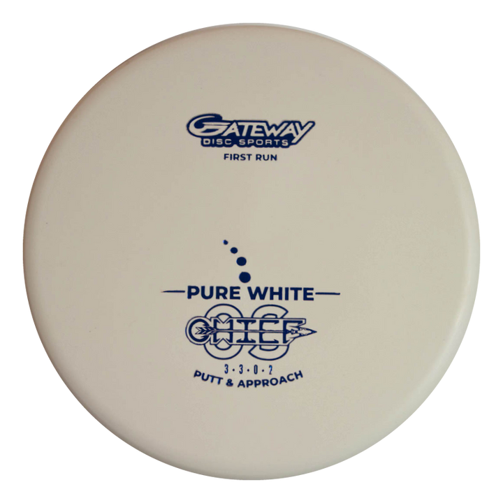 The Chief OS - Pure White is an overstable white disc golf putter in Premium Suregrip Plastic, with blue "Gateway Disc Sports," "Pure White," and "Putt & Approach" graphics. Ideal for fans of the Chief lineup.