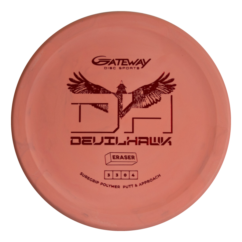 A pink Devilhawk - SureGrip™ Eraser putter by Gateway Disc Sports, with an eagle graphic and flight numbers 3/0/0/4.
