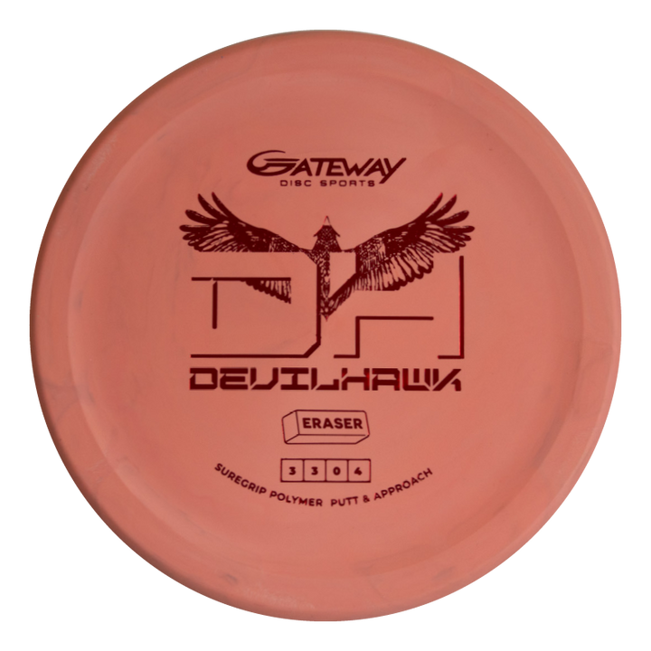 A pink Devilhawk - SureGrip™ Eraser putter by Gateway Disc Sports, with an eagle graphic and flight numbers 3/0/0/4.