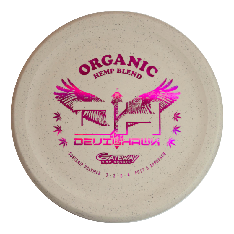 A beige Devilhawk - Suregrip Hemp disc golf putter with pink wing graphics and "Organic Hemp Blend" text€”an over-stable putter ideal for confident short-range throws.