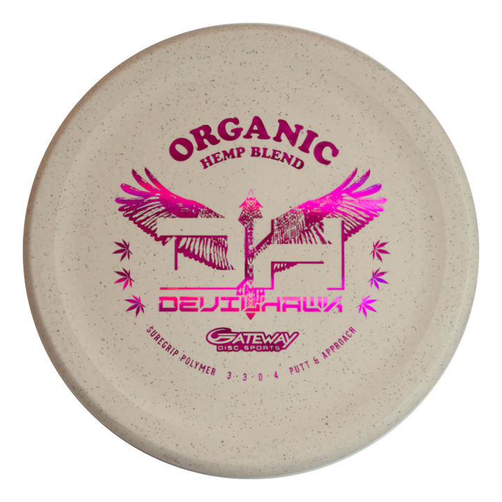 A beige Devilhawk - Suregrip Hemp disc golf putter with pink wing graphics and "Organic Hemp Blend" text€”an over-stable putter ideal for confident short-range throws.