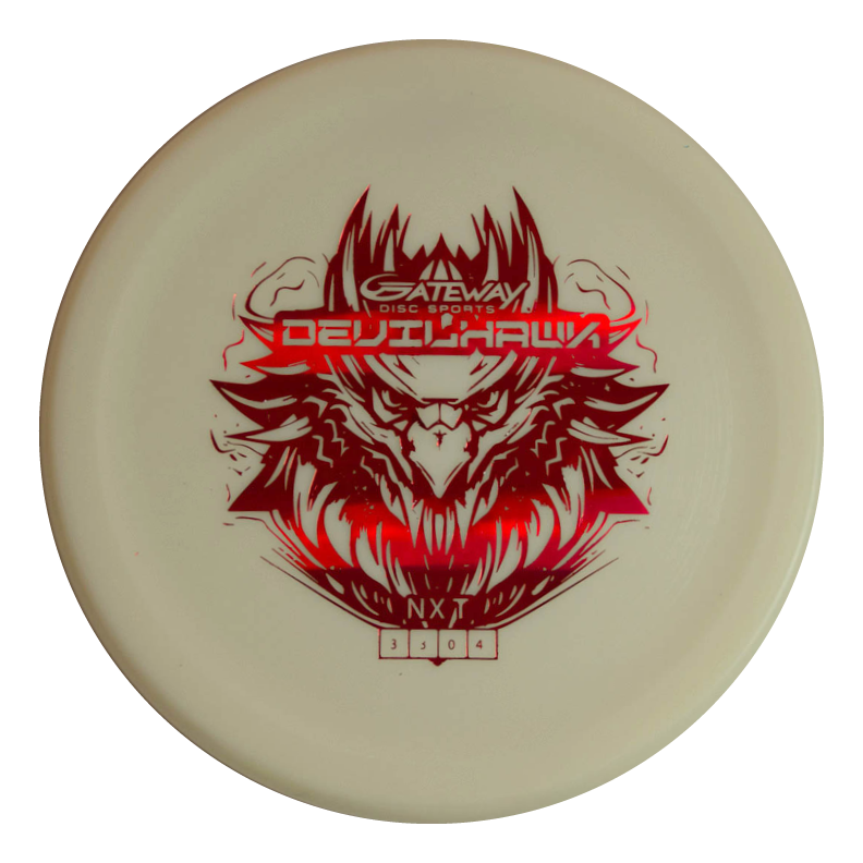 White putt & approach disc with a red stylized hawk and "Gateway Disc Sports Devilhawk - NXT (Nylon Xtra Tuff) 3304" on the front.