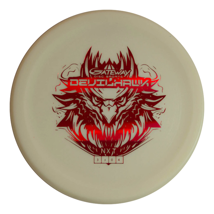 White putt & approach disc with a red stylized hawk and "Gateway Disc Sports Devilhawk - NXT (Nylon Xtra Tuff) 3304" on the front.