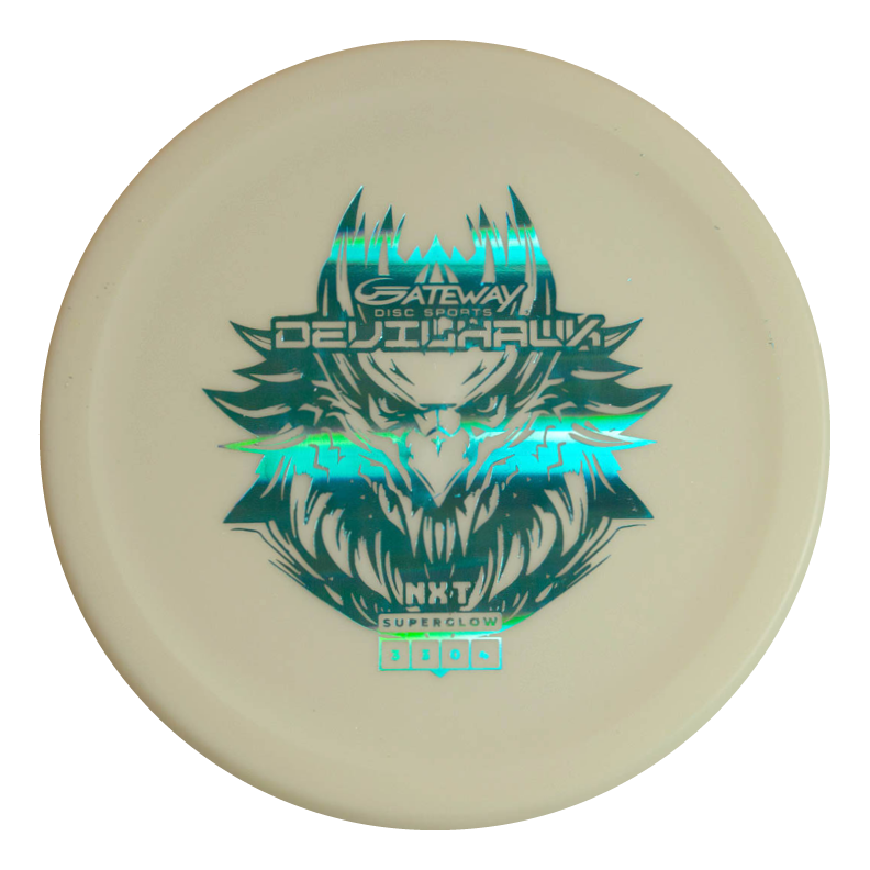 A white Devilhawk - NXT Superglow disc golf putter with a teal holographic animal face and "Gateway Disc Sports Devilhawk NXT Superglow" text, made from durable plastic and ideal as an overstable putt and approach disc.