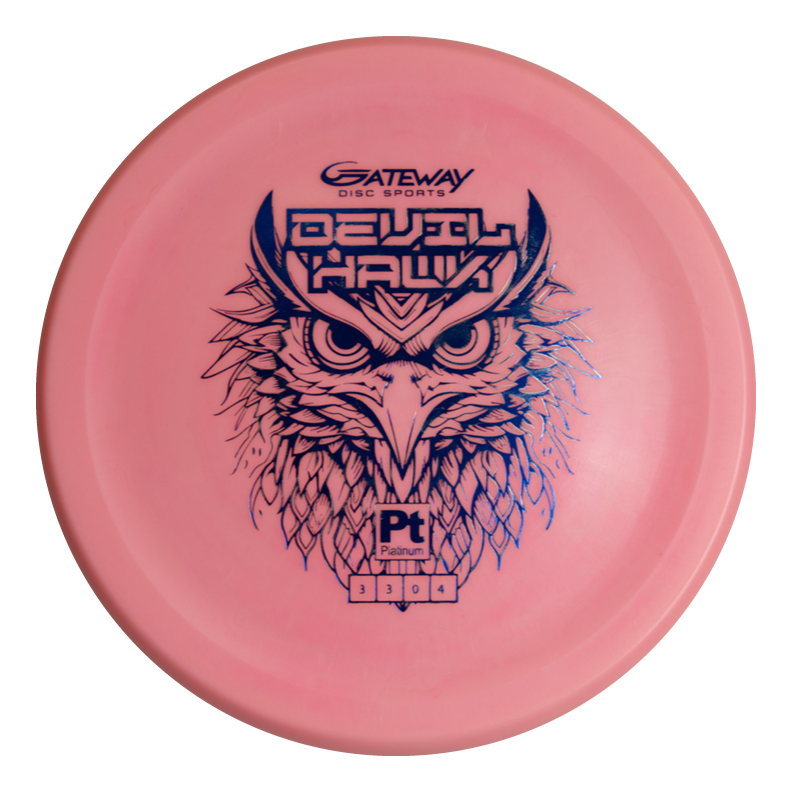 The Devilhawk - Platinum is a pink over-stable putter disc golf disc with a detailed blue owl illustration, product labeling, and a unique Thumb Track design for superior grip.