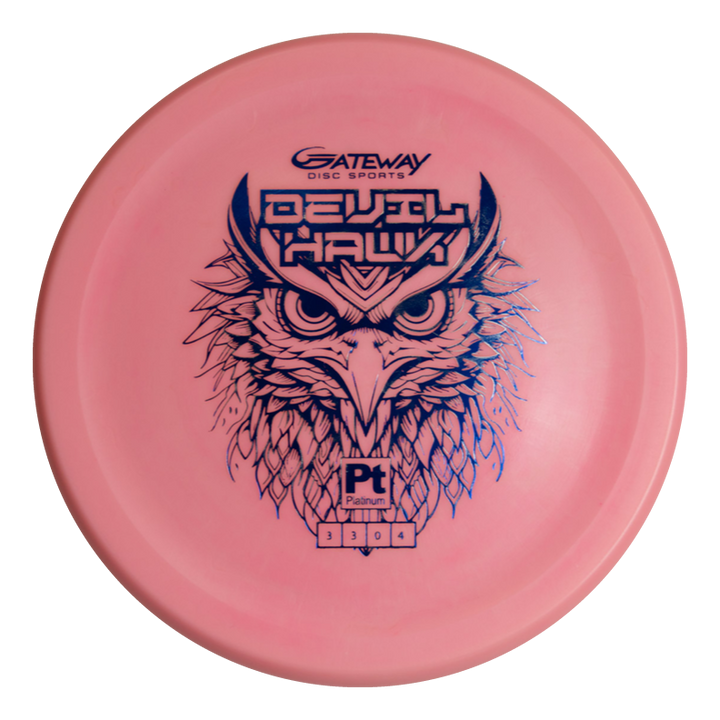 The Devilhawk - Platinum is a pink over-stable putter disc golf disc with a detailed blue owl illustration, product labeling, and a unique Thumb Track design for superior grip.