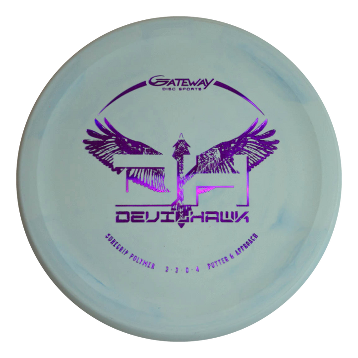 A light blue Devilhawk - SureGrip over-stable putter with the "Gateway Disc Sports" logo, a purple wing graphic, Thumb Track design, and flight numbers 3, 3, 0, 4.