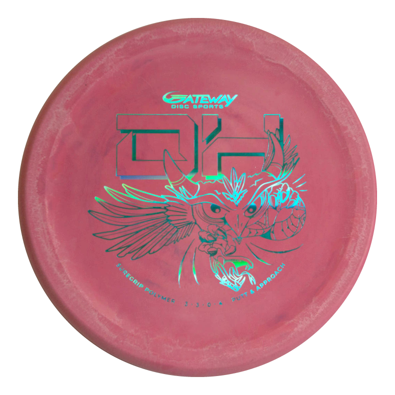 A red Devilhawk - SureGrip™ Swirly Special Edition putter features a metallic owl graphic and the text "Wizard Polymer 2.3/0/0, Putt & Approach," making it a reliable overstable approach disc.