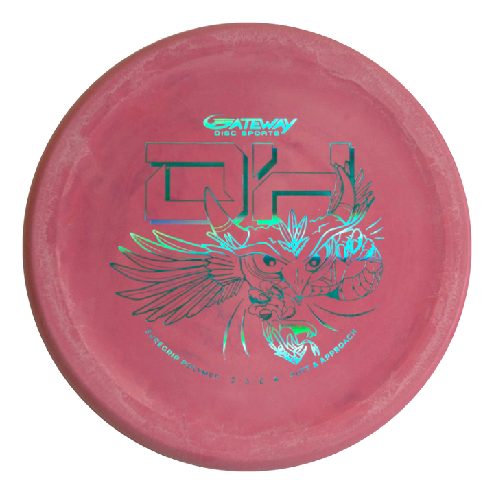 A red Devilhawk - SureGrip™ Swirly Special Edition putter features a metallic owl graphic and the text "Wizard Polymer 2.3/0/0, Putt & Approach," making it a reliable overstable approach disc.