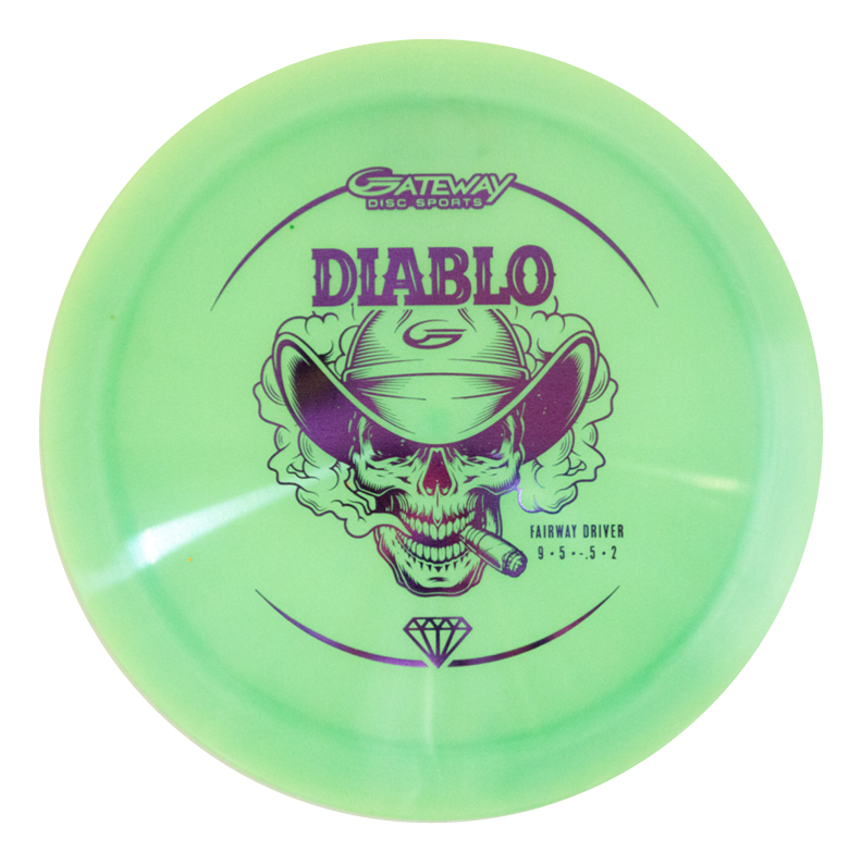 The Diablo - Diamond fairway driver disc in light green features a smoking skull in a cowboy hat with €œDiablo€� and flight numbers 9, 5, -5, 2€”ideal for controlled drives and accurate landings.