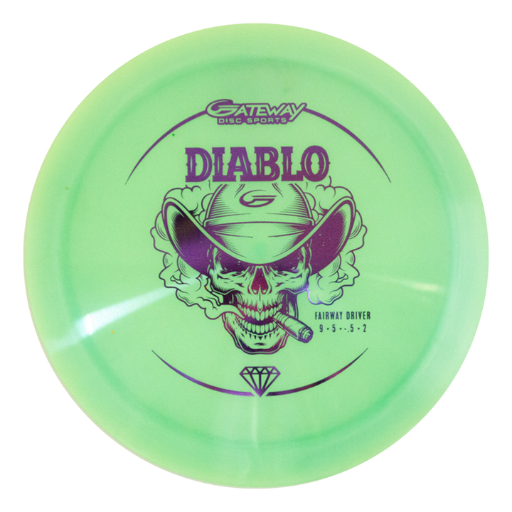 The Diablo - Diamond fairway driver disc in light green features a smoking skull in a cowboy hat with €œDiablo€� and flight numbers 9, 5, -5, 2€”ideal for controlled drives and accurate landings.