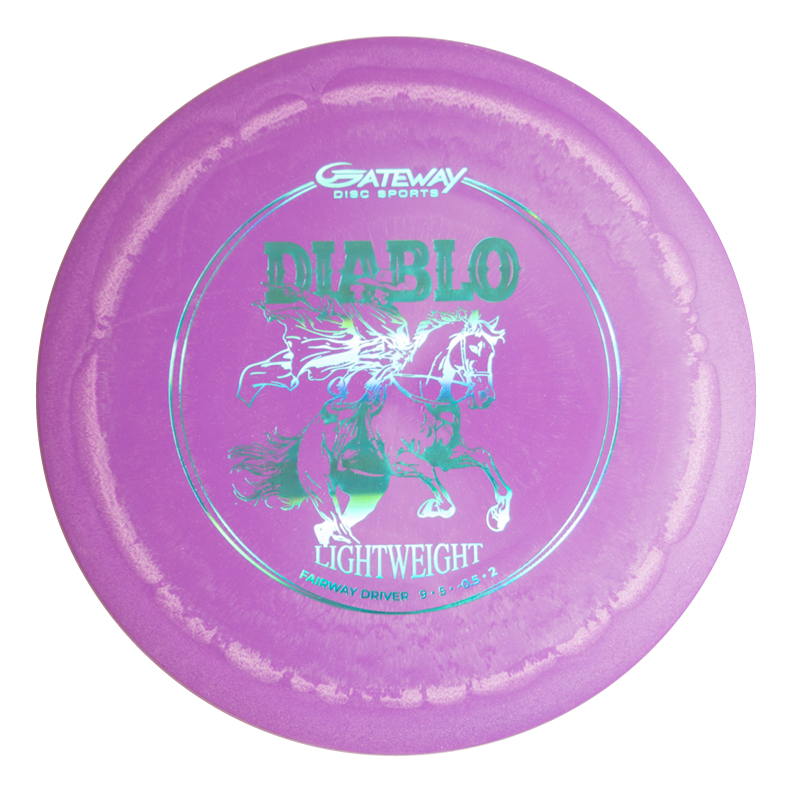 A purple Diablo Lightweight - SureGrip control driver disc golf disc by Gateway Disc Sports features a horse and rider illustration and is designed for precise landings.