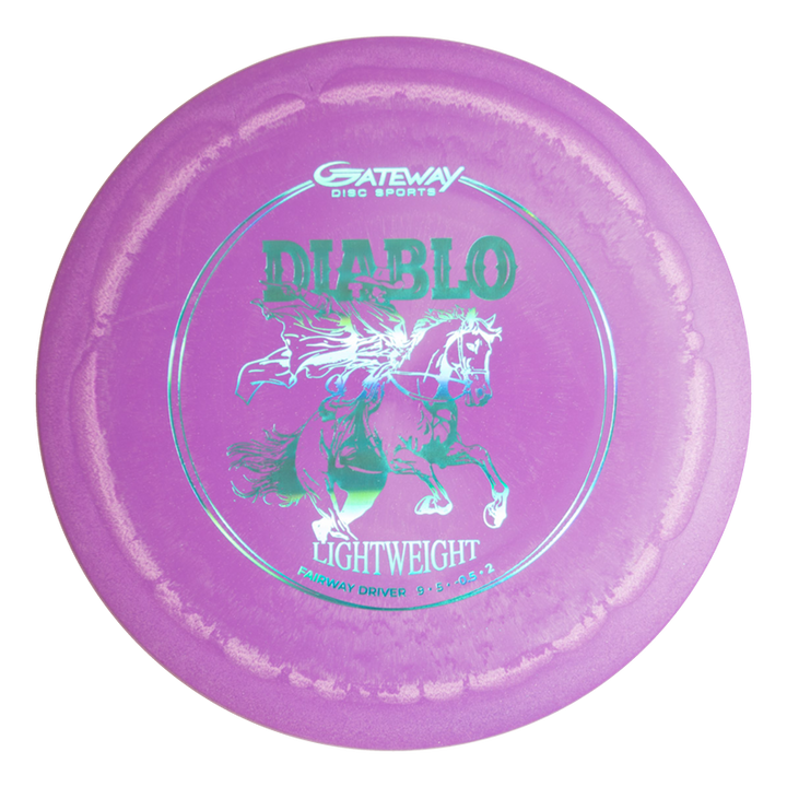 A purple Diablo Lightweight - SureGrip control driver disc golf disc by Gateway Disc Sports features a horse and rider illustration and is designed for precise landings.