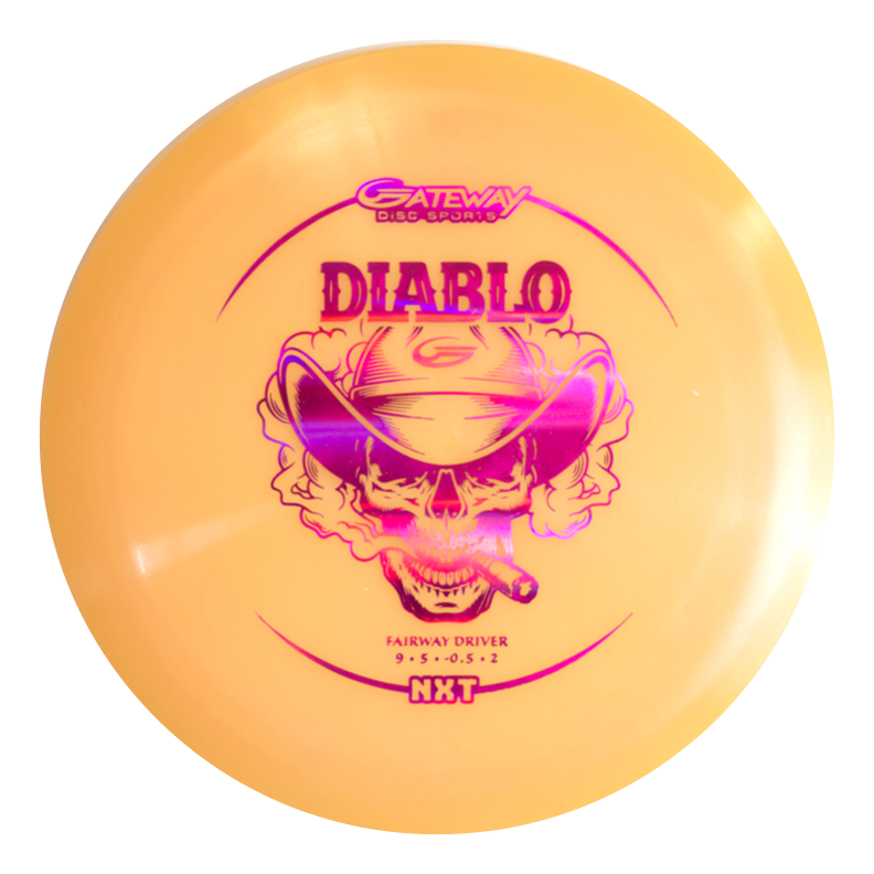 The Diablo - NXT is an orange disc golf driver featuring a pink skull in a cowboy hat with a cigar, labeled "Gateway Fairway Driver NXT 9.5.0.5.2"€”an overstable fairway driver ideal for distance flex shots and reliable control.