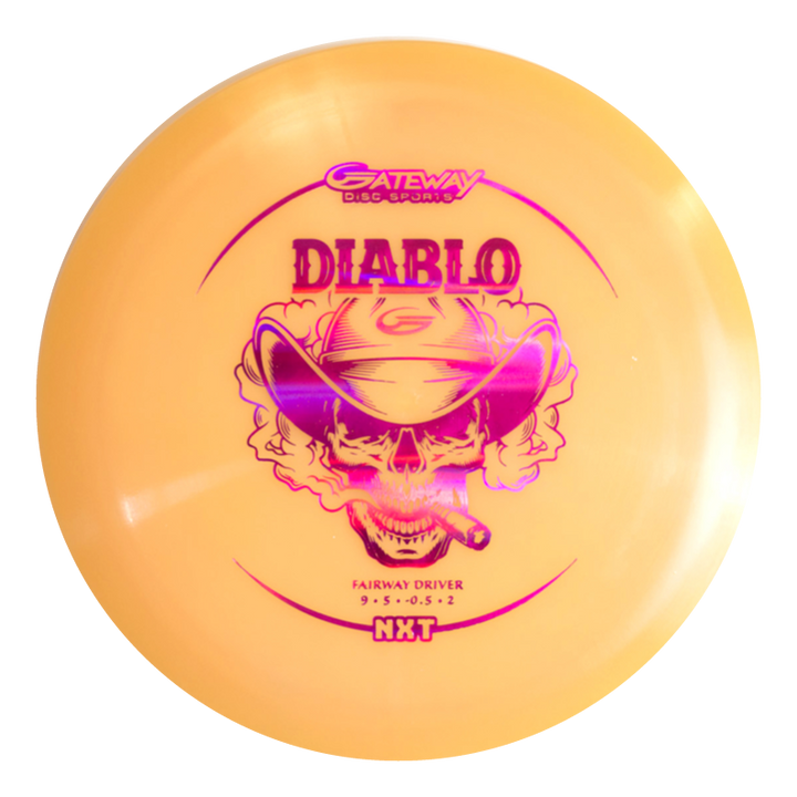 The Diablo - NXT is an orange disc golf driver featuring a pink skull in a cowboy hat with a cigar, labeled "Gateway Fairway Driver NXT 9.5.0.5.2"€”an overstable fairway driver ideal for distance flex shots and reliable control.