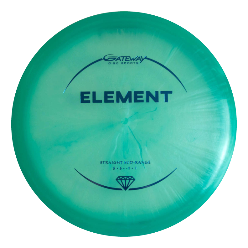 A teal Gateway Disc Sports €œElement - Diamond€� mid-range disc offers a straight flight and impressive glide, with flight numbers 5, 5, -1, 1.