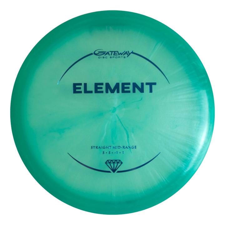 A teal Gateway Disc Sports €œElement - Diamond€� mid-range disc offers a straight flight and impressive glide, with flight numbers 5, 5, -1, 1.