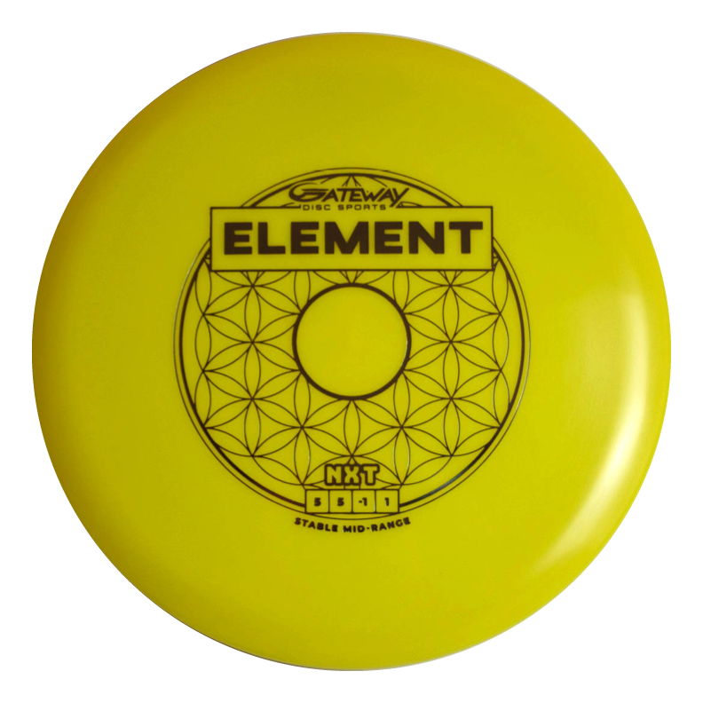 A yellow mid-range disc golf disc called "Element - NXT" with geometric patterns and black text by Gateway Disc Sports, renowned for its unbelievable glide.