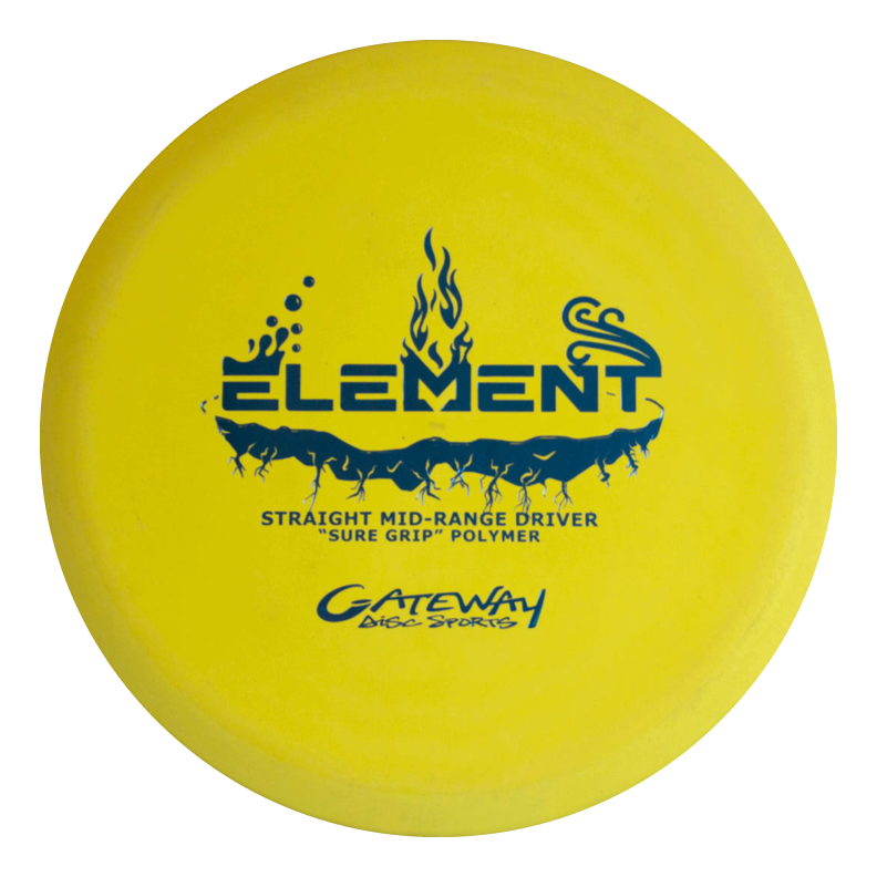 The Element - SureGrip by Gateway Disc Sports is a yellow mid-range disc with blue text, labeled "Element" and "Straight Mid-Range Driver," praised for its extremely straight flight and impressive glide.