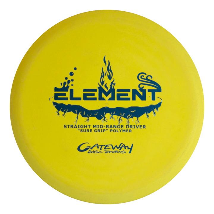 The Element - SureGrip by Gateway Disc Sports is a yellow mid-range disc with blue text, labeled "Element" and "Straight Mid-Range Driver," praised for its extremely straight flight and impressive glide.