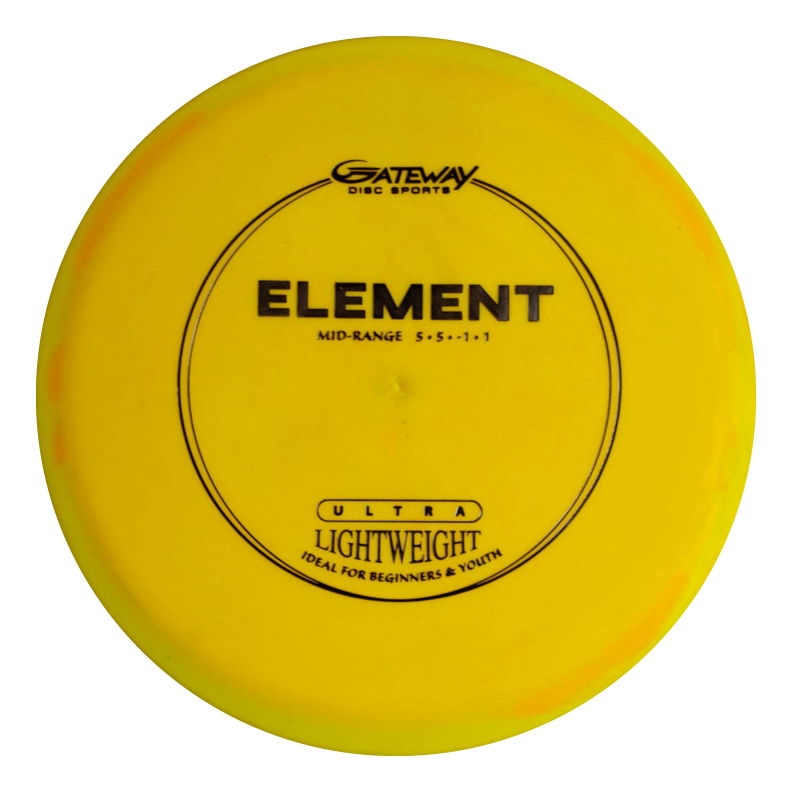 The yellow Element Ultra Lightweight - SureGrip™ mid-range disc is ideal for beginners and youth, offering excellent flight stability and easy glide.