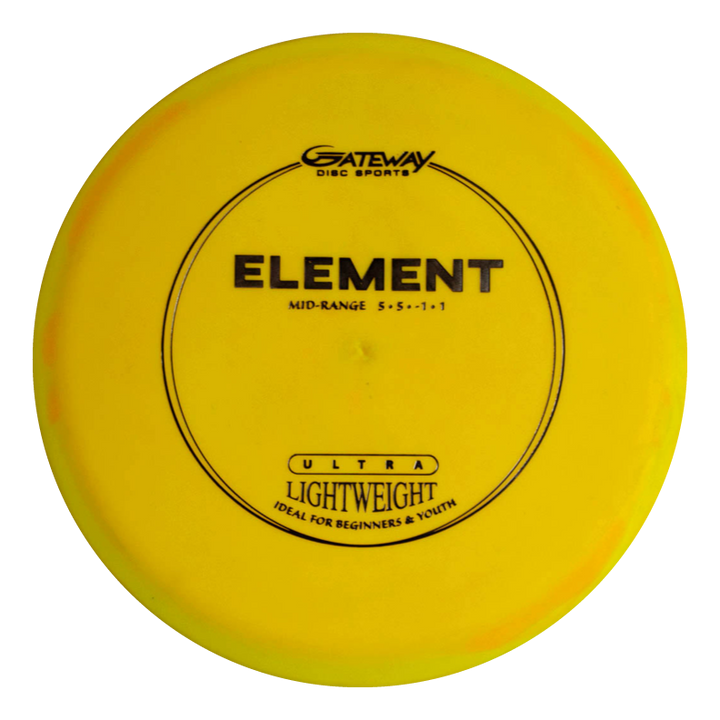 The yellow Element Ultra Lightweight - SureGrip™ mid-range disc is ideal for beginners and youth, offering excellent flight stability and easy glide.