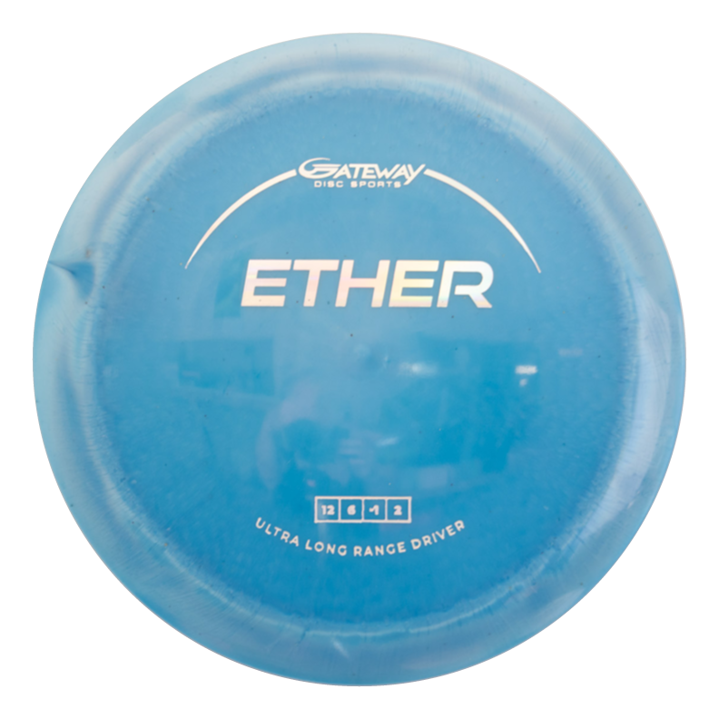 The Ether - Platinum - First Run is a blue, eco-friendly Gateway distance driver in durable platinum plastic with flight numbers 12, 4, -2, 2 and €œUltra Long Range Driver€� text€”perfect for powerful throws.