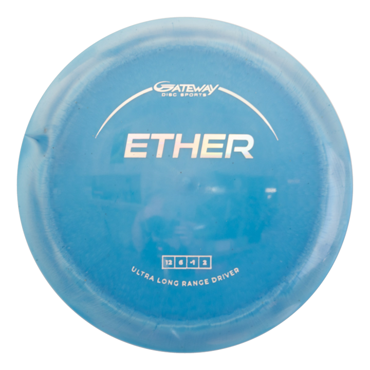 The Ether - Platinum - First Run is a blue, eco-friendly Gateway distance driver in durable platinum plastic with flight numbers 12, 4, -2, 2 and €œUltra Long Range Driver€� text€”perfect for powerful throws.