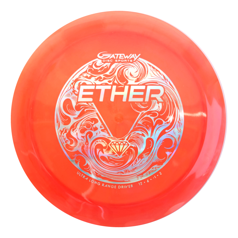 The Ether - Diamond is a red PDGA approved distance driver with decorative silver swirl patterns and the Gateway Disc Sports logo, designed for maximum distance throws.