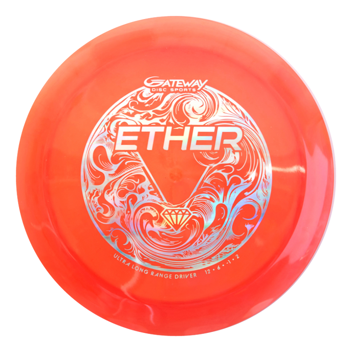 The Ether - Diamond is a red PDGA approved distance driver with decorative silver swirl patterns and the Gateway Disc Sports logo, designed for maximum distance throws.