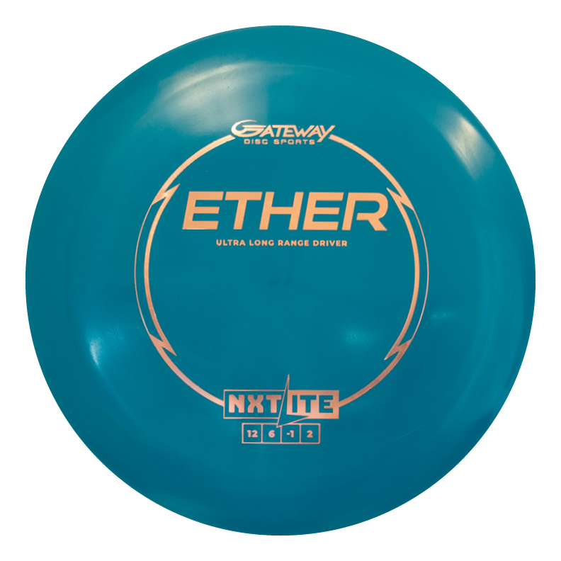 The Ether - NXT LITE is a teal distance driver by Gateway Disc Sports with orange text, labeled "Ultra Long Range Driver" and flight numbers 12, 6, -1, 2. It delivers unmatched grip and a reliable turn for confident throws.