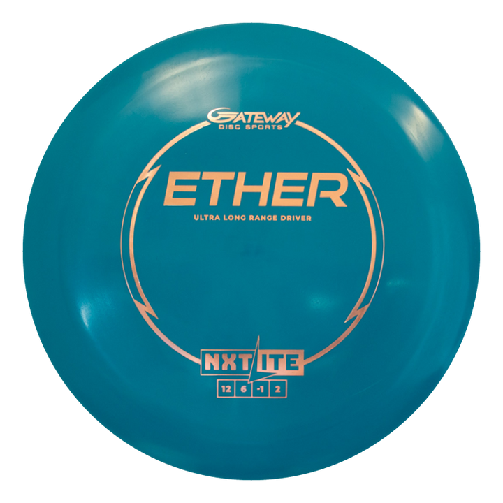 The Ether - NXT LITE is a teal distance driver by Gateway Disc Sports with orange text, labeled "Ultra Long Range Driver" and flight numbers 12, 6, -1, 2. It delivers unmatched grip and a reliable turn for confident throws.