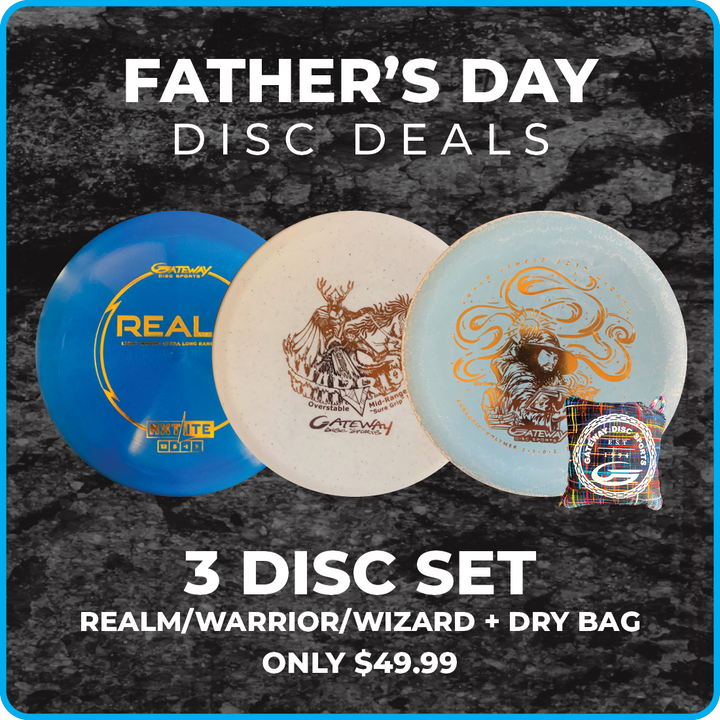The Father's Day Gift Set, featuring three disc golf discs and a dry bag, is showcased under text promoting a $49.99 Father's Day deal.