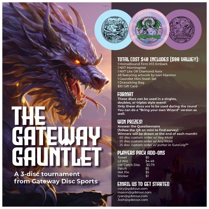 A fantasy dragon looms behind info for the Gateway Gauntlet - 3 Disc Players Pack, a disc golf event by Gateway Disc Sports with prizes, new discs, entry details, and bold contact info.