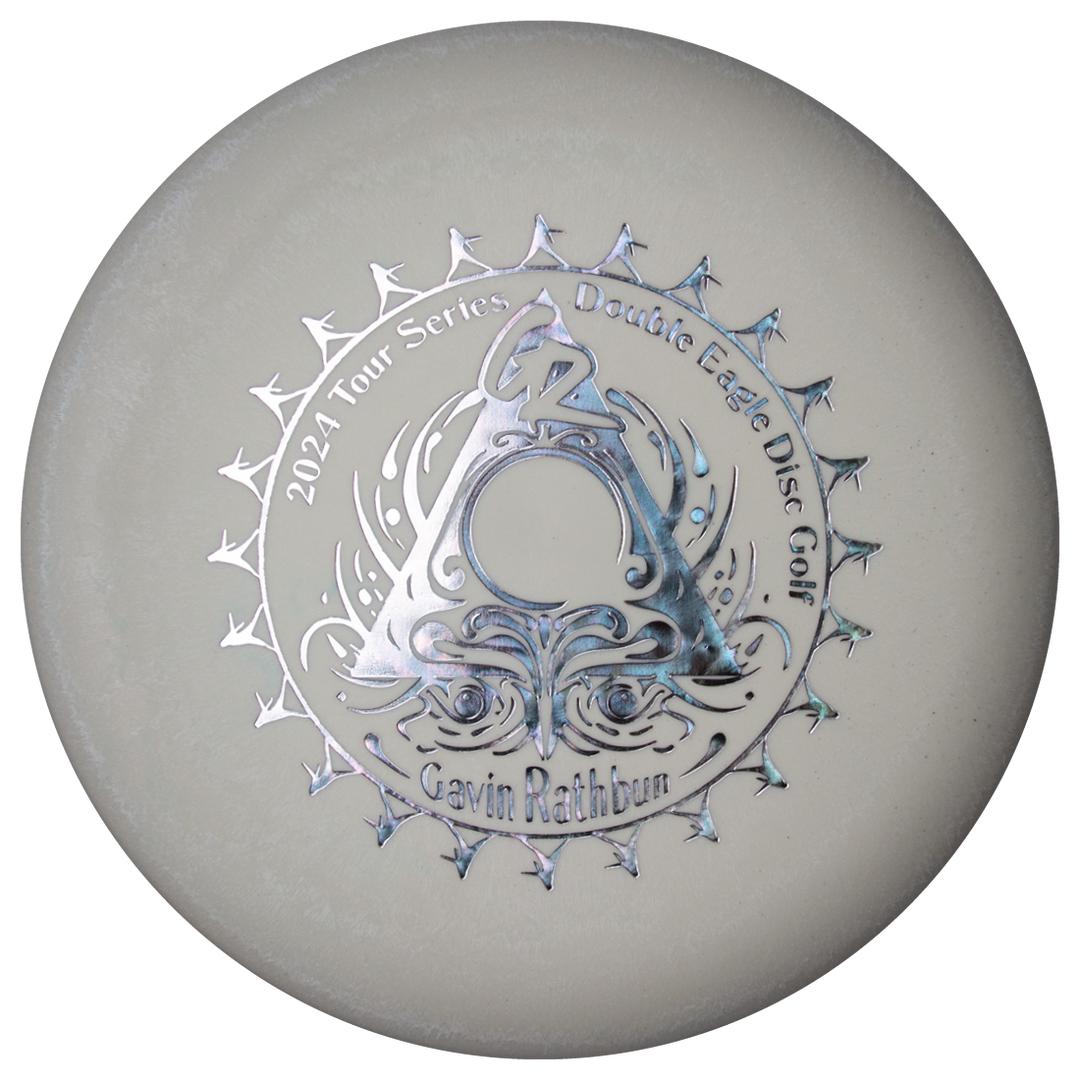 A white Gavin Rathbun's Retro Warlock — Nylon Firm disc with a silver triangular 2024 Tour Series Double Eagle design, ideal for fans of approach discs and precision throws.