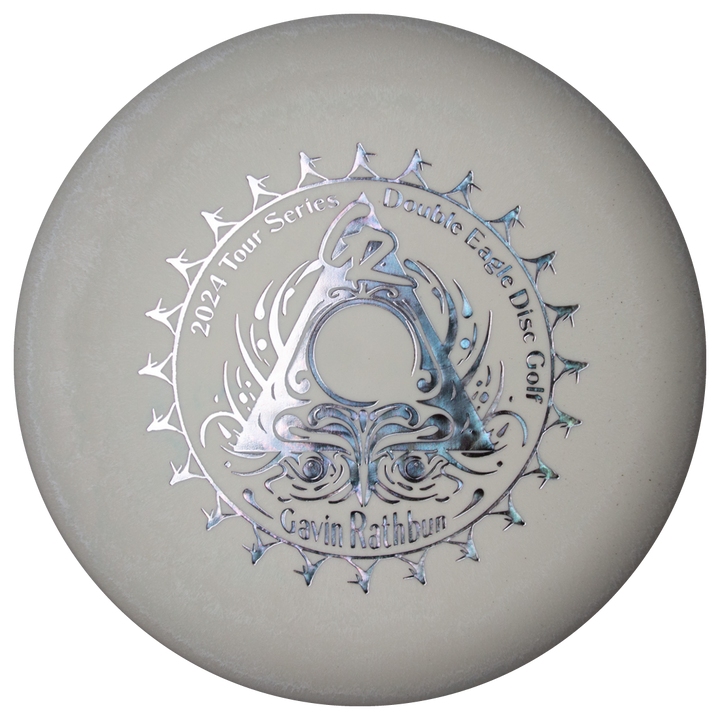 A white Gavin Rathbun's Retro Warlock — Nylon Firm disc with a silver triangular 2024 Tour Series Double Eagle design, ideal for fans of approach discs and precision throws.