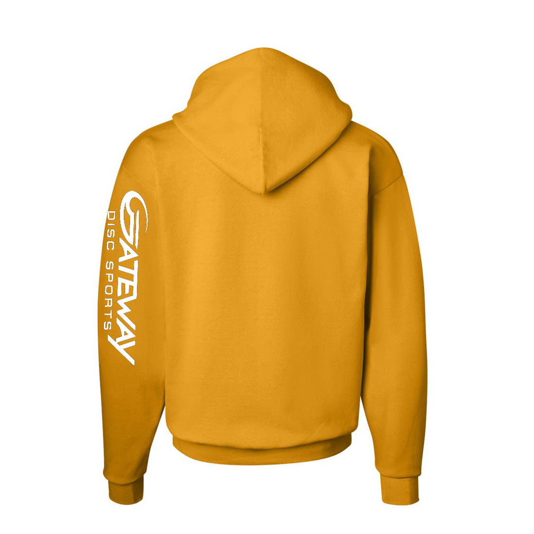 The Gold Gateway Hooded Sweatshirt, crafted from soft PrintPro® XP fleece, displays "GATEWAY DISC SPORTS" in white on the right sleeve and is shown from the back.