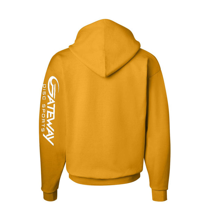 The Gold Gateway Hooded Sweatshirt, crafted from soft PrintPro® XP fleece, displays "GATEWAY DISC SPORTS" in white on the right sleeve and is shown from the back.