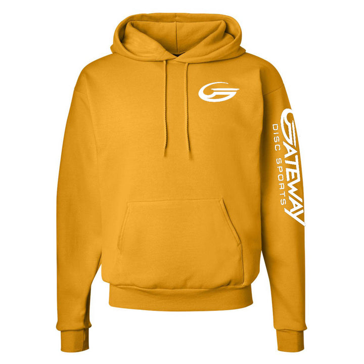 The Gold Gateway Hooded Sweatshirt features a bold white "Gateway Disc Sports" logo on the chest and sleeve, mustard yellow color, front pocket, drawstring hood, and cozy PrintPro® XP fleece for comfort.