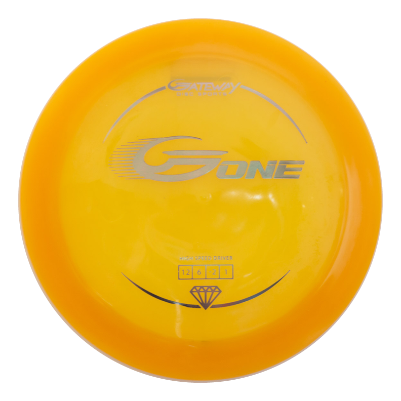 The G-One is a yellow and orange disc golf distance driver with "GONE" and the Gateway Disc Sports logo, offering neutral flight that's perfect for max distance throws.