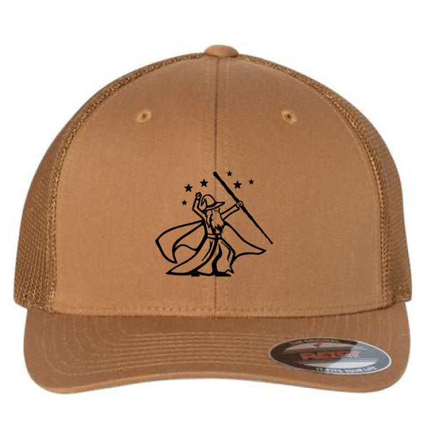 The Wizard Flexfit Fitted Trucker Cap is a brown mesh hat featuring a black line art of a caped figure with a staff and stars on the front, plus a Permacurv® visor that maintains its shape.